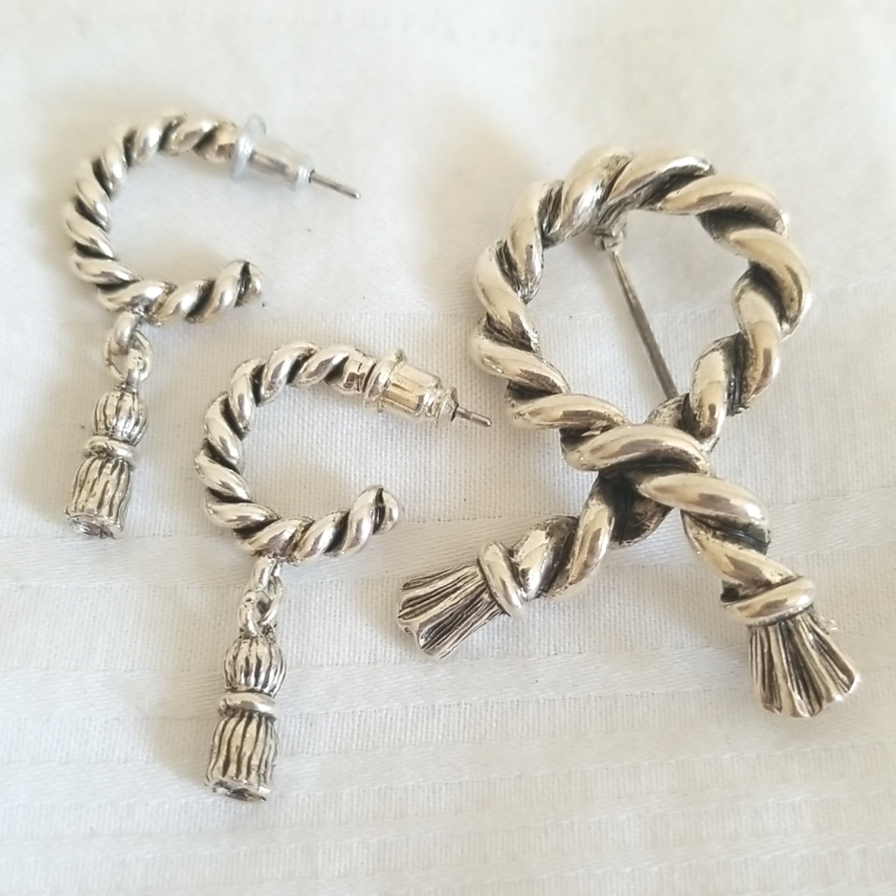 Vintage JG Hook Silver Rope Earrings Brooch Set